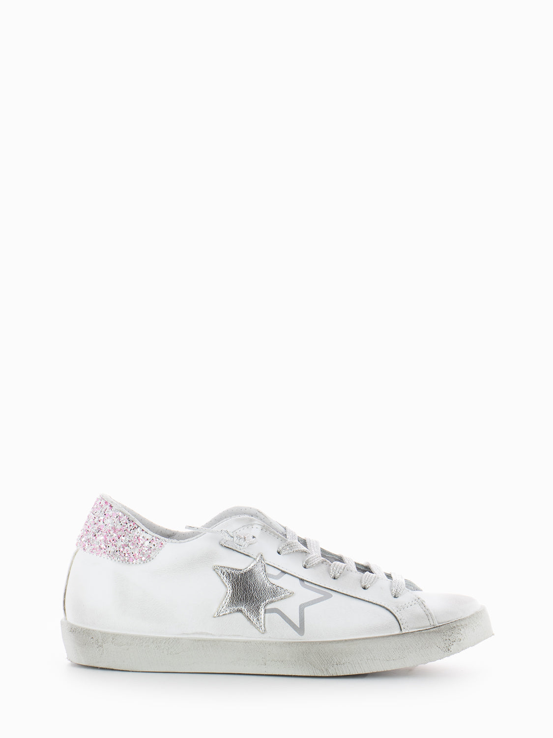 Low sneakers white / silver laminate / pink glitter