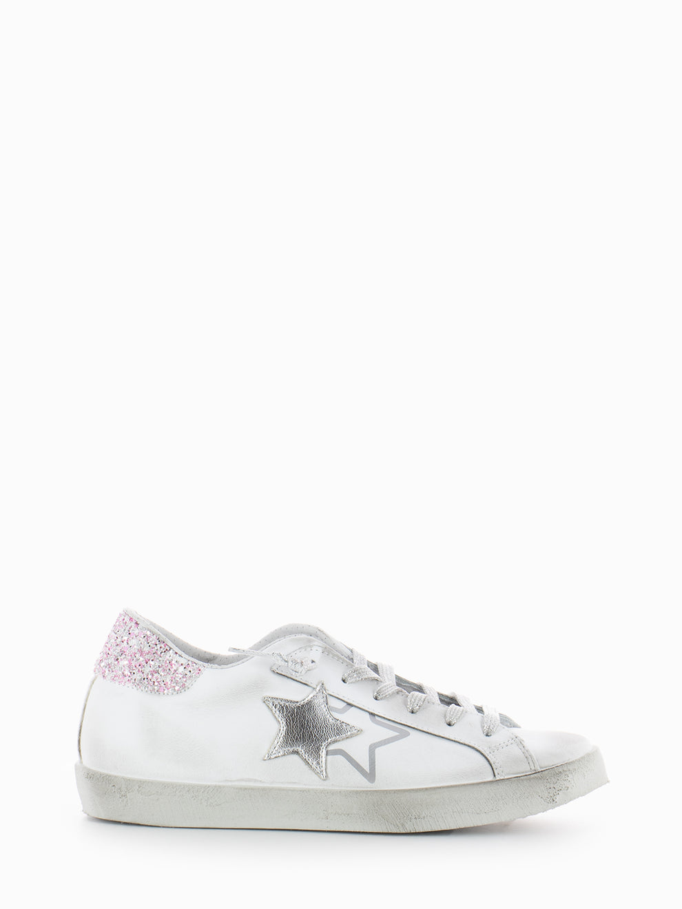 Low sneakers white / silver laminate / pink glitter