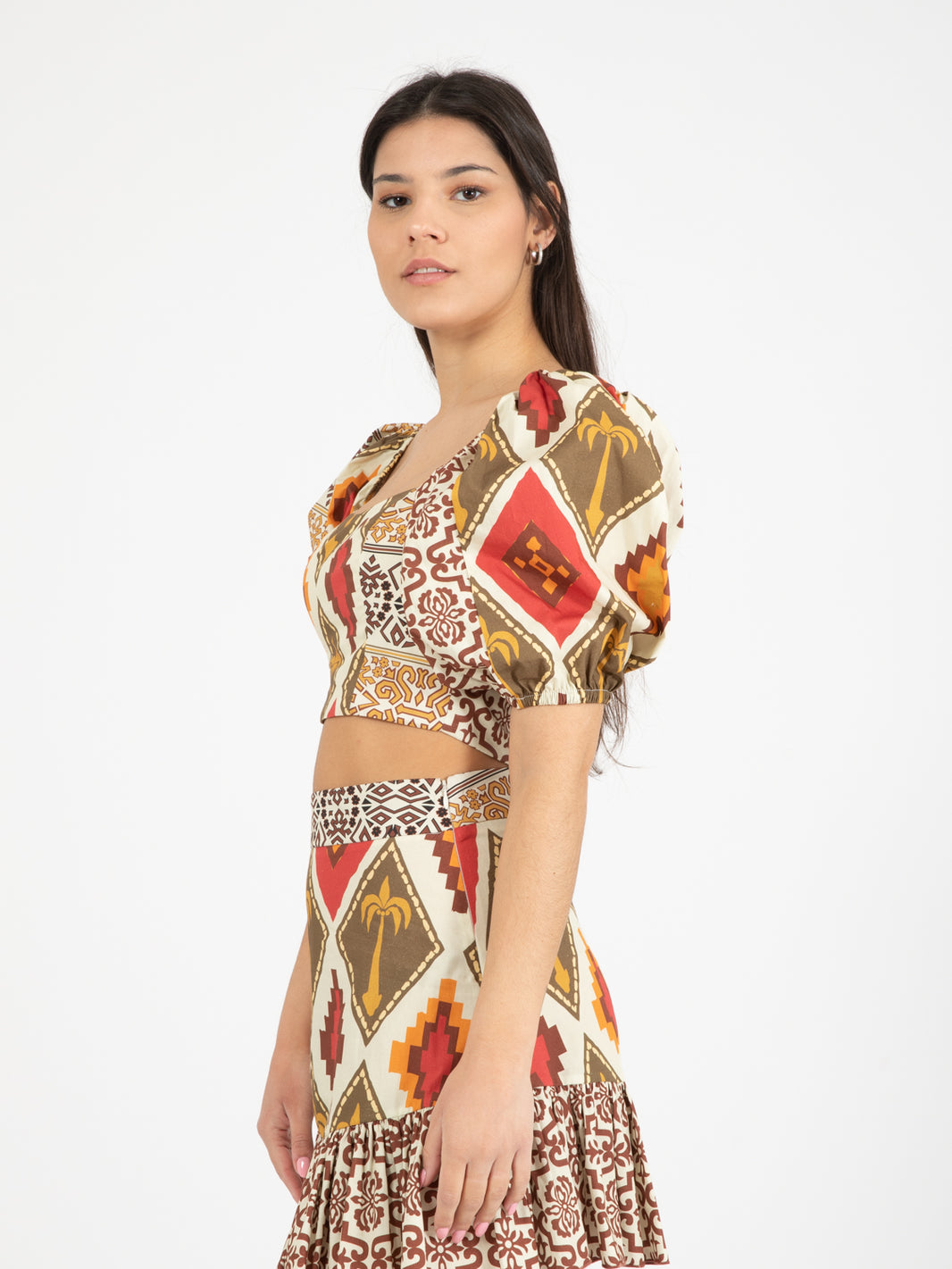 Crop top maniche a palloncino patchwork