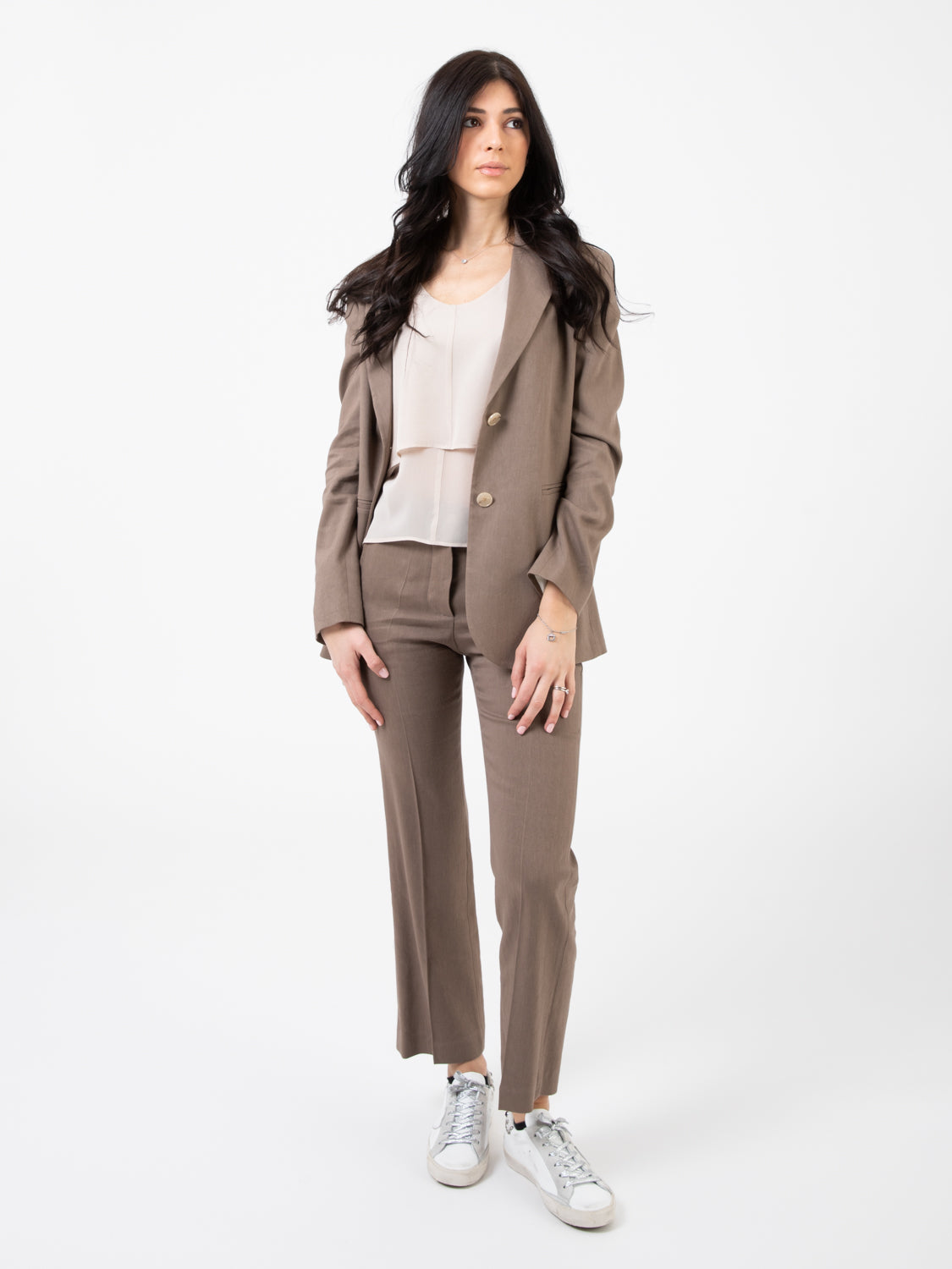 Blazer lino stretch monopetto terra