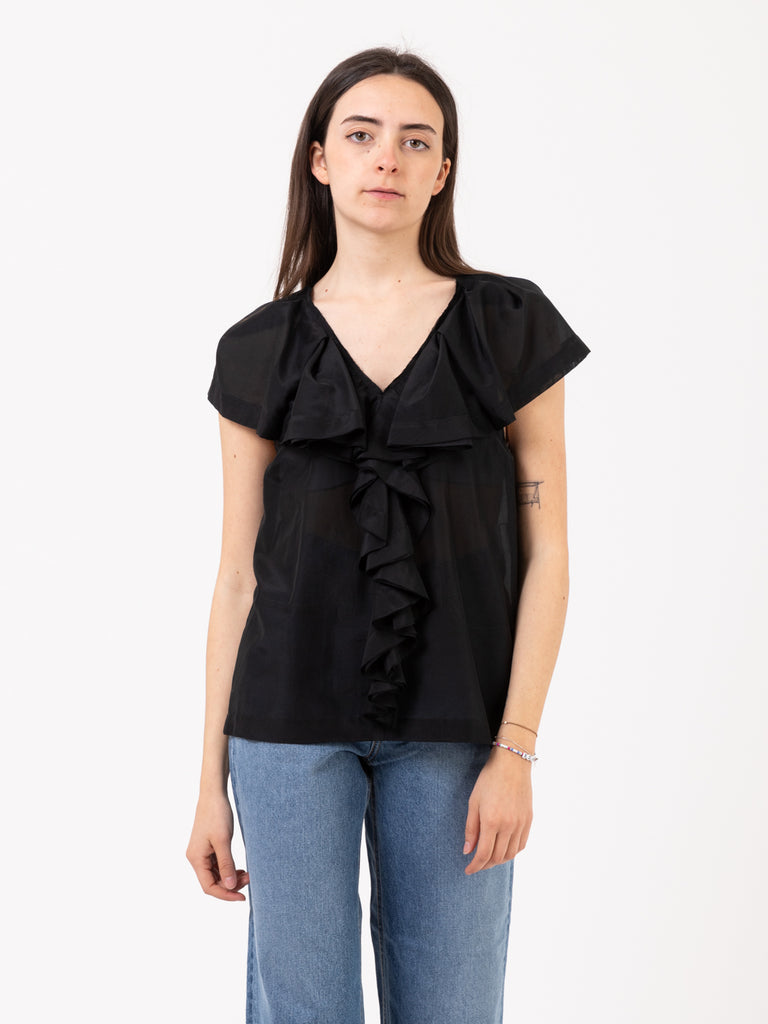 ALYSI - Top embroidery voile con rouches nero