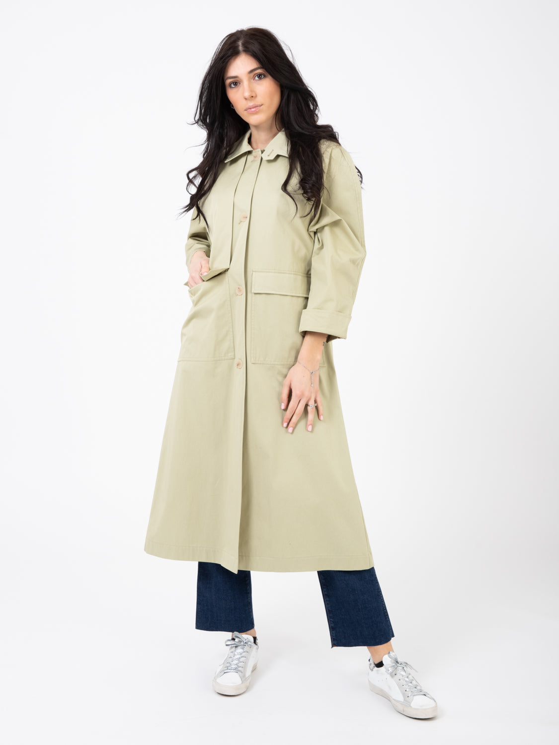 Sage Enzyme Cotton Trench Coat