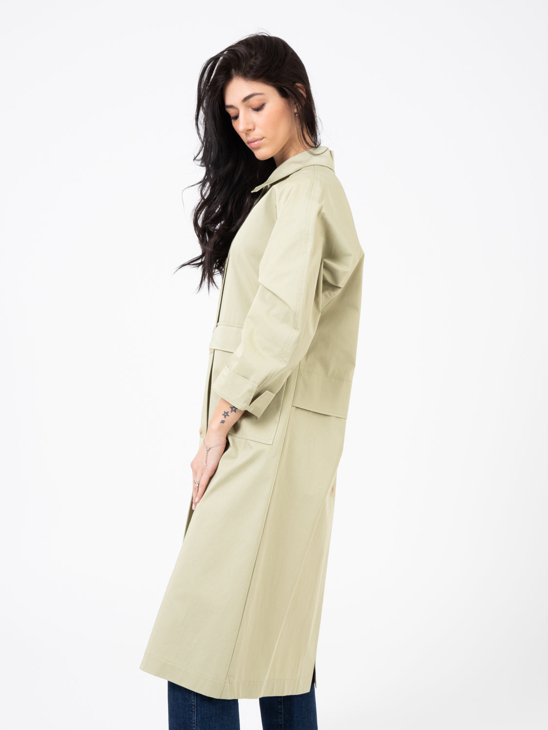 Sage Enzyme Cotton Trench Coat