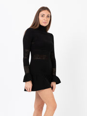 BLUGIRL - Abito dolcevita mini nero con pizzi e balze