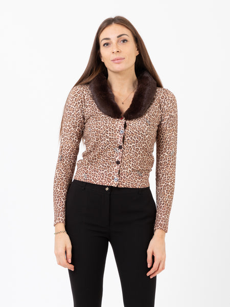 Cardigan animalier con faux fur macula honey brown