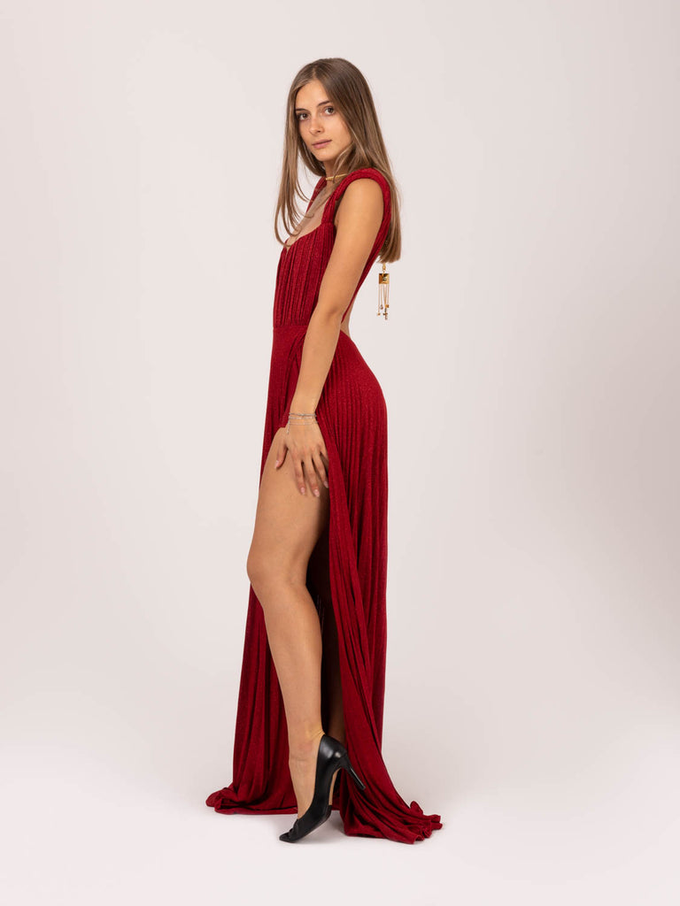 ELISABETTA FRANCHI - Abito Red Carpet in jersey red velvet lurex con charm pendente
