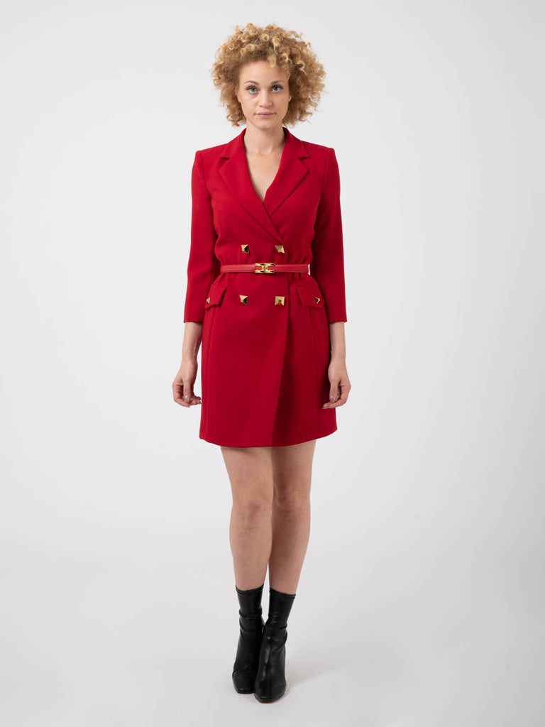 ELISABETTA FRANCHI - Abito robe manteau red velvet con borchie e cintura