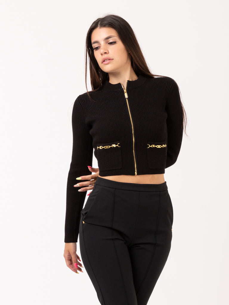 ELISABETTA FRANCHI - Cardigan crop a costine nero