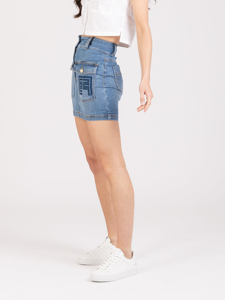 ELISABETTA FRANCHI - Gonna mini jeans con tasca ricamata