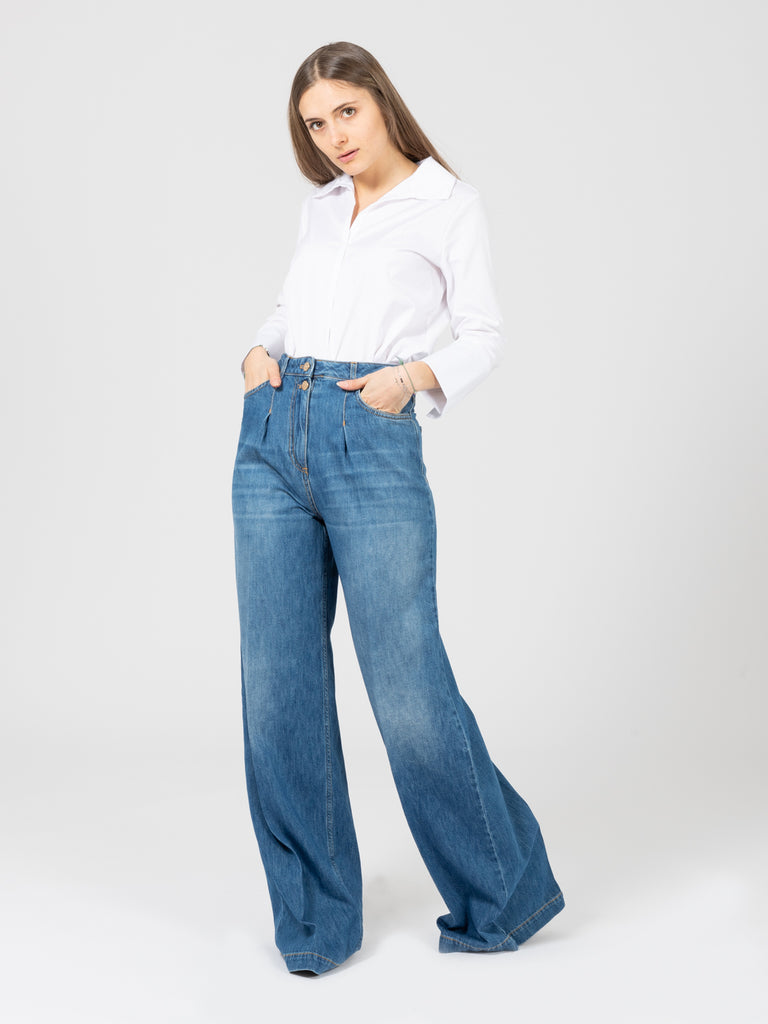 ELISABETTA FRANCHI - Jeans a palazzo light blue con accessorio salpa cuoio