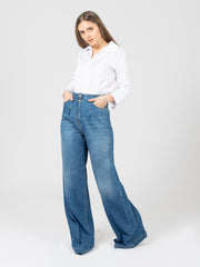 ELISABETTA FRANCHI - Jeans a palazzo light blue con accessorio salpa cuoio