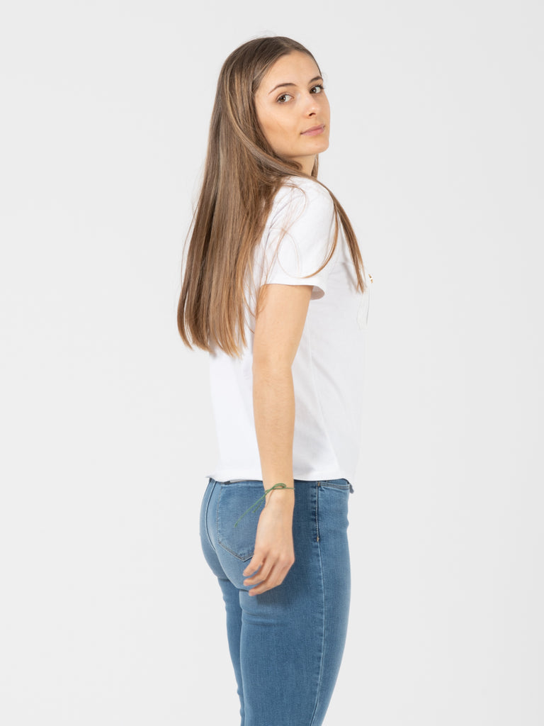 ELISABETTA FRANCHI - T-shirt girocollo gesso con tasche in organza ricamata