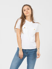 ELISABETTA FRANCHI - T-shirt girocollo gesso con tasche in organza ricamata
