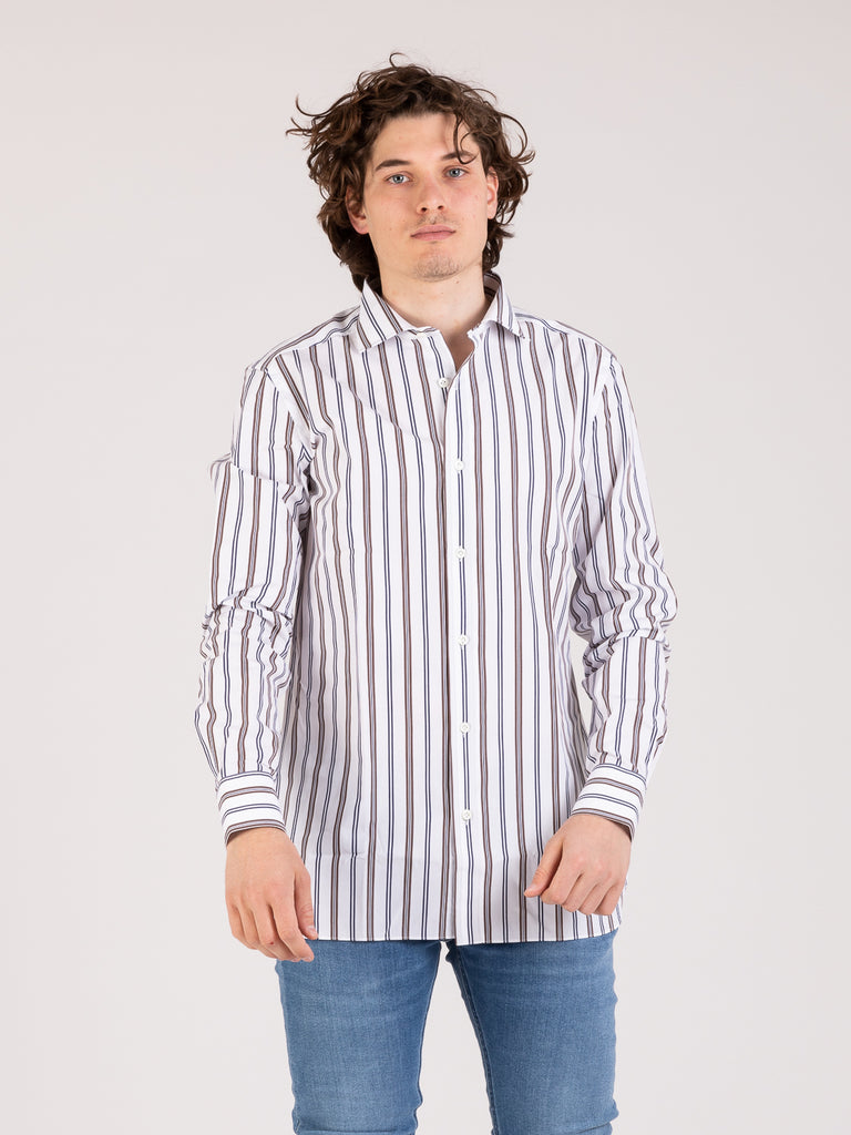 GIAMPAOLO - Camicia bianca a righe marrone / blu