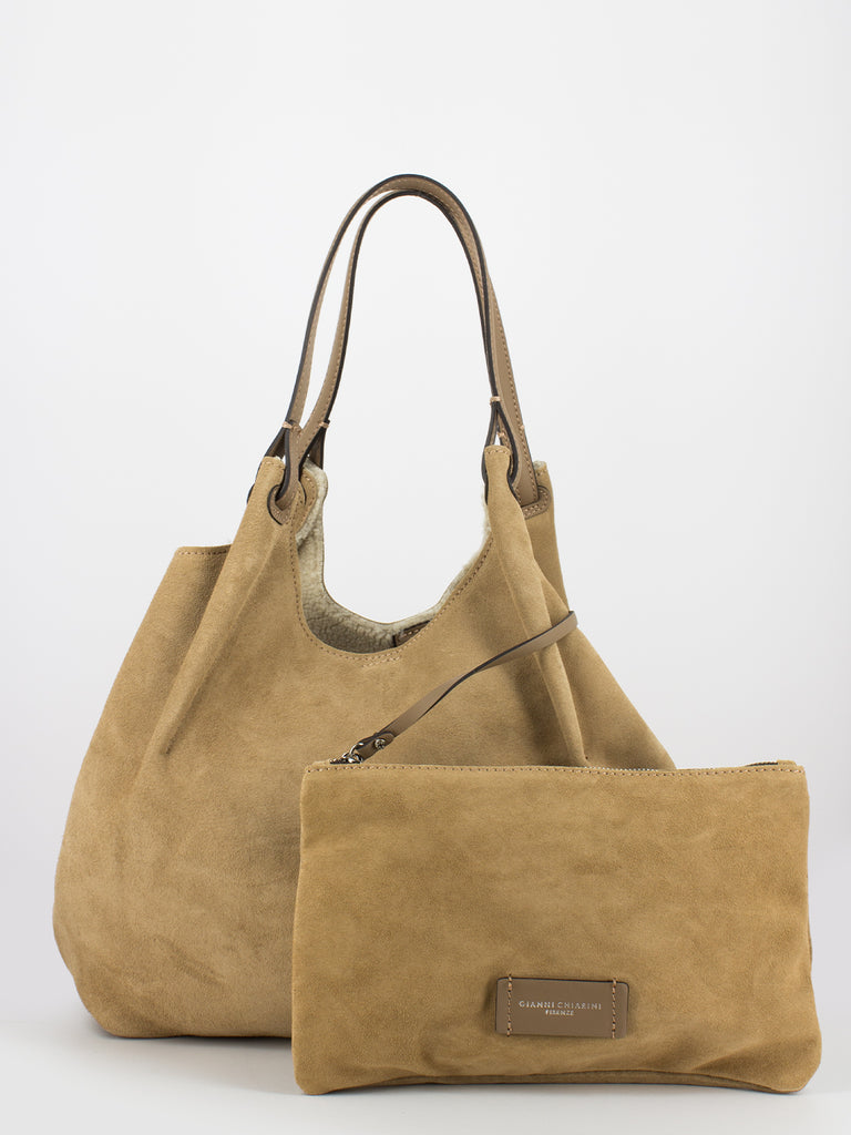 GIANNI CHIARINI - Borsa grande a spalla in suede e shearling canapa