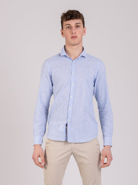 Camicia lino e cotone a microrighe azzurre