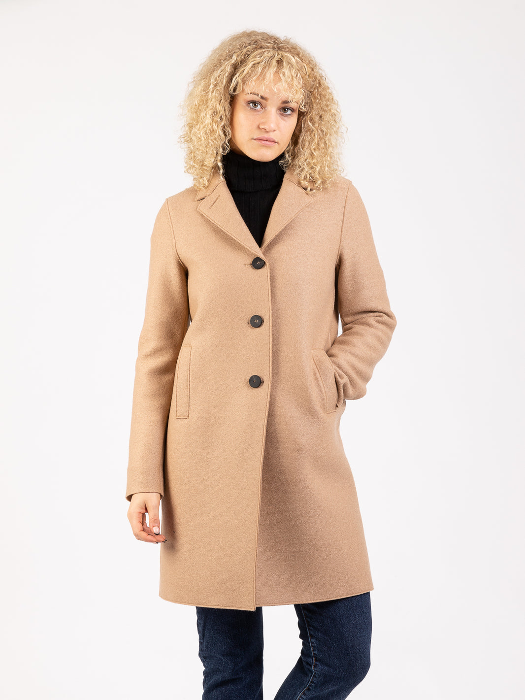 Tan button-up boxy pressed wool coat