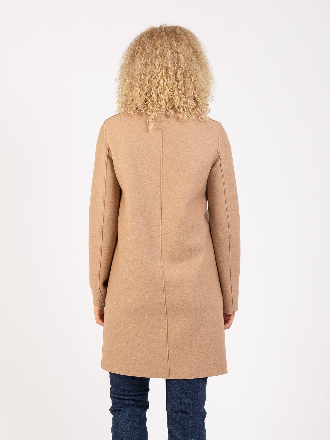 Tan button-up boxy pressed wool coat