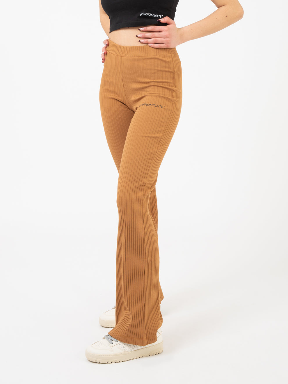 Pantaloni costina con stampa beige