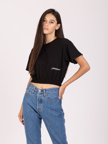 T-shirt nera crop con elastico