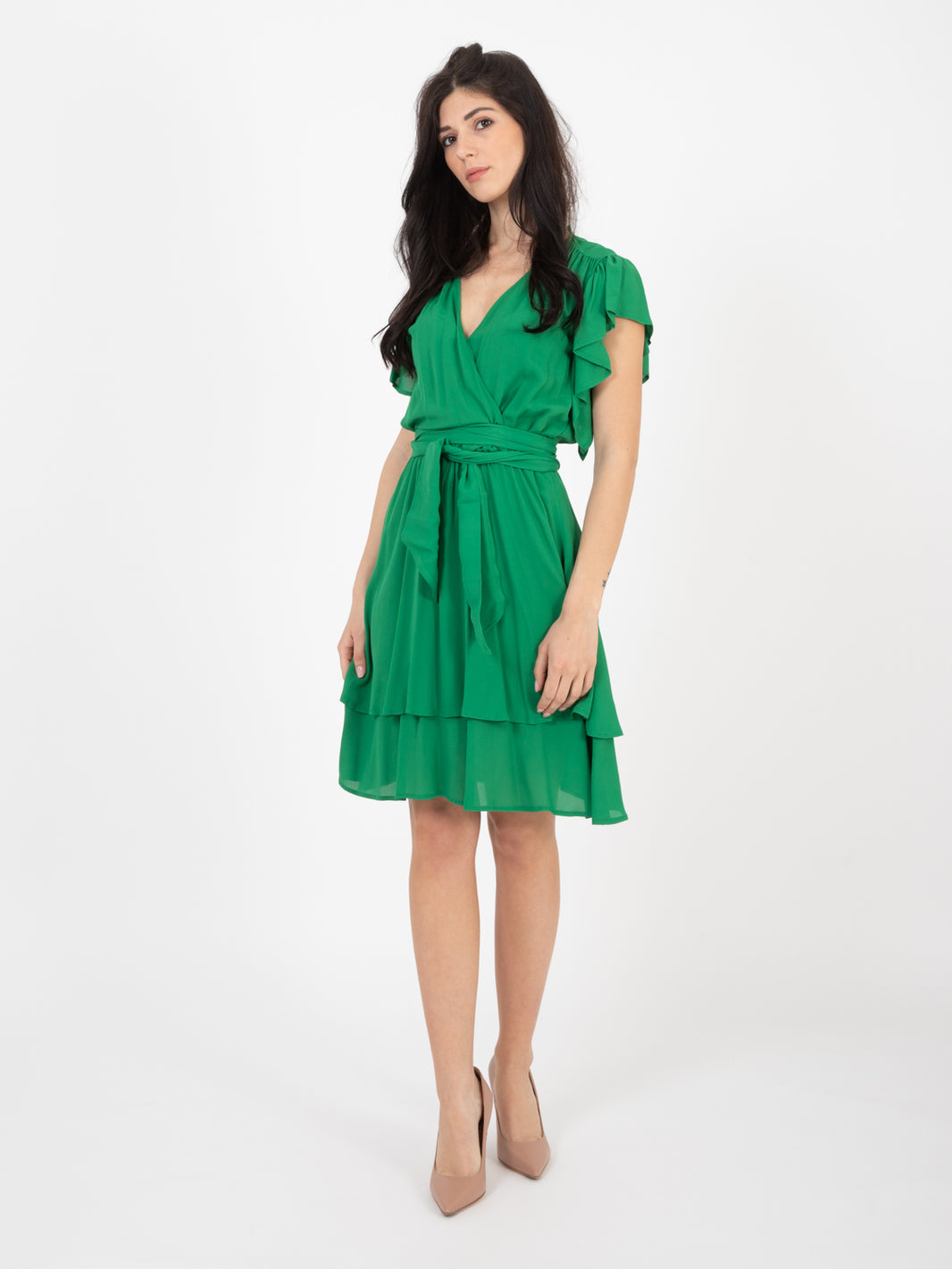 Green ruffle short dress