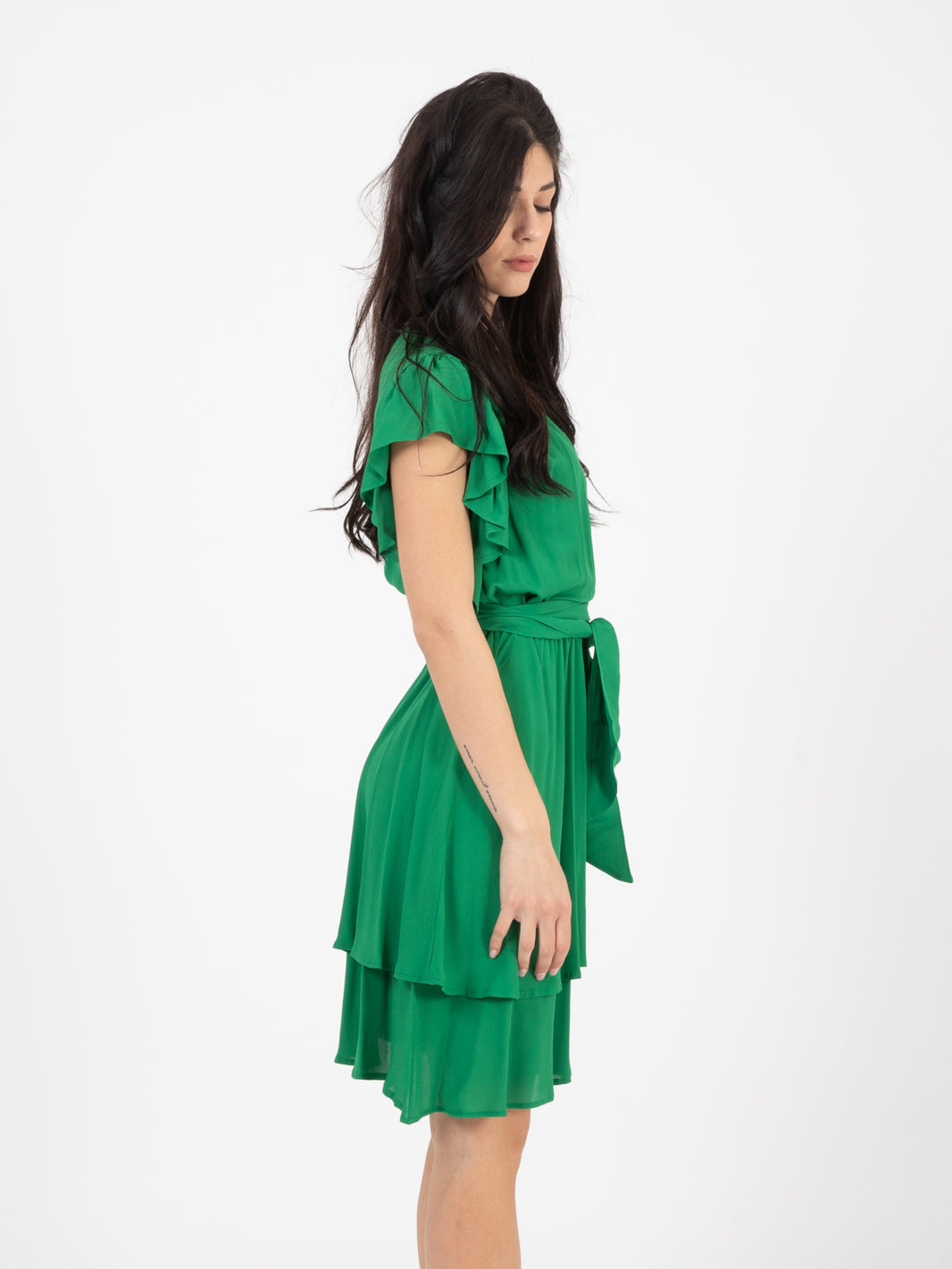 Green ruffle short dress