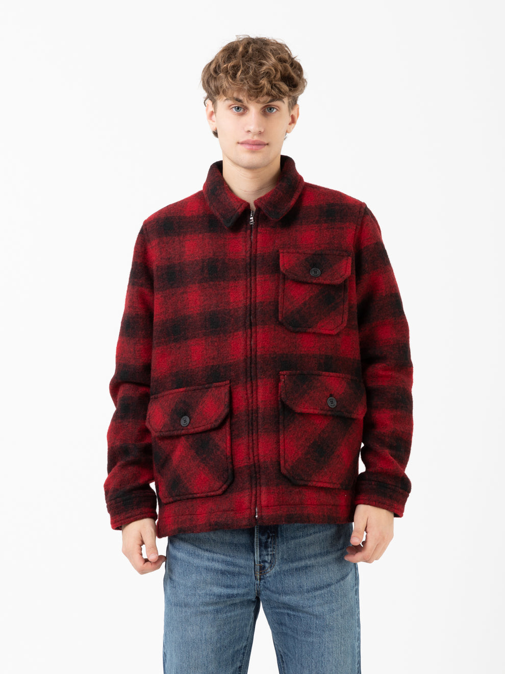 3-pocket jacket in red check boiled wool