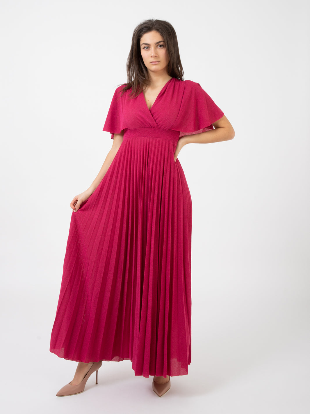 Abito lungo lurex plissé fuxia