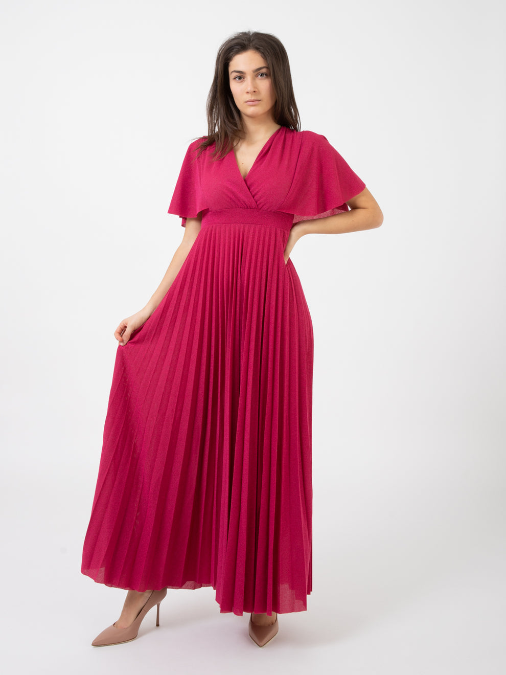Abito lungo lurex plissé fuxia