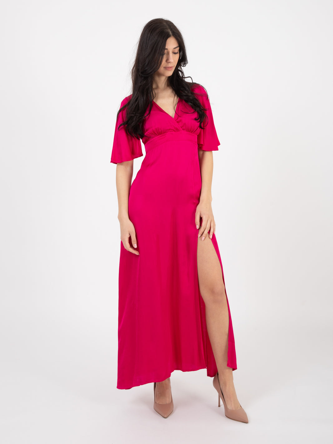 Abito lungo satinato fuxia