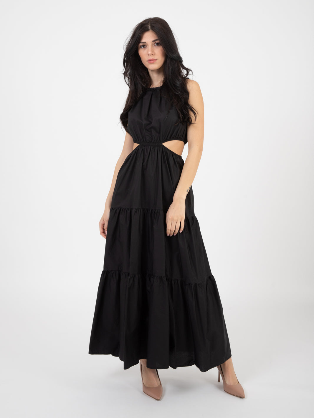 Abito midi cut-out con balze nero