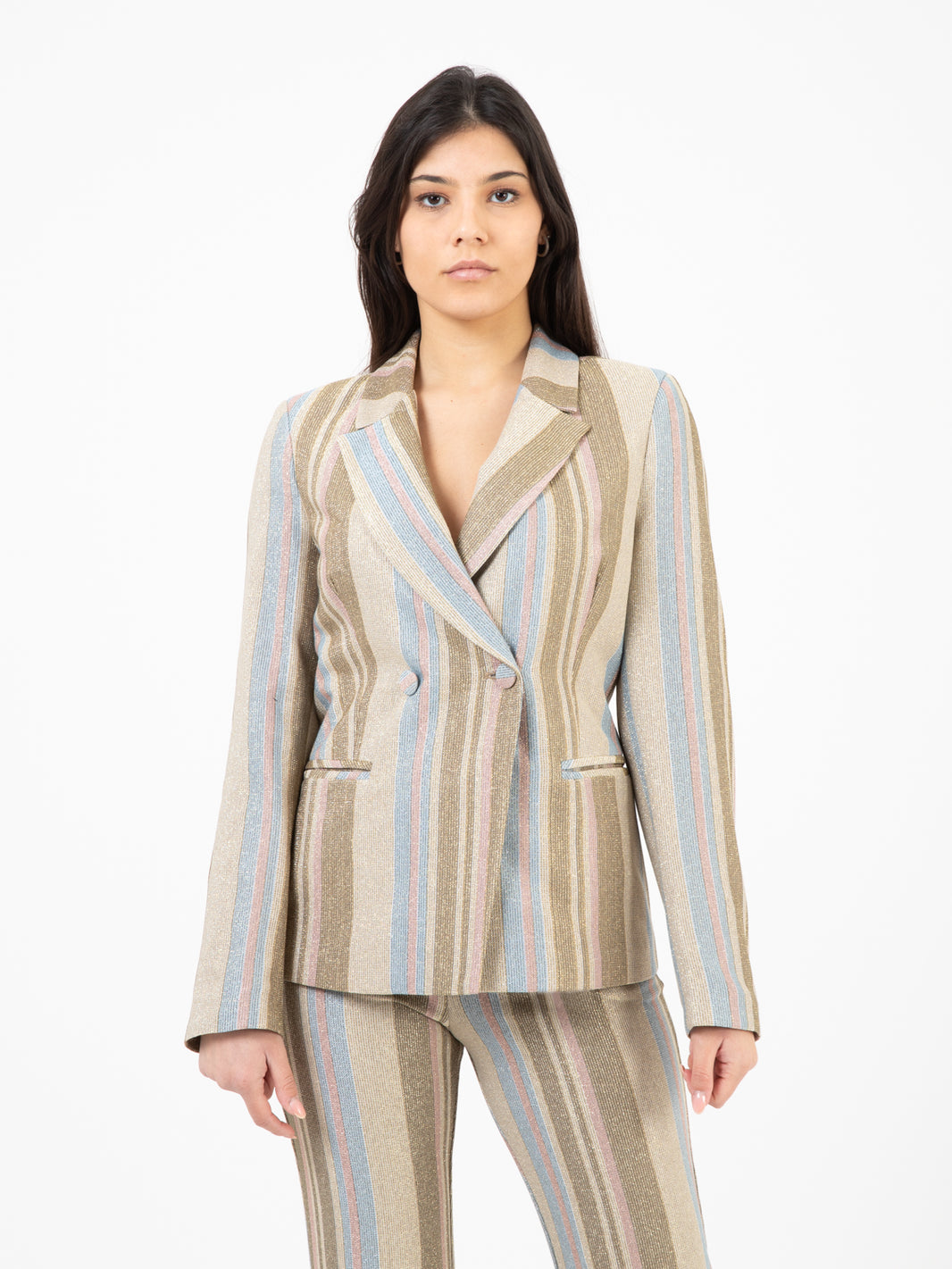 Blazer a righe glitterato beige / azzurro