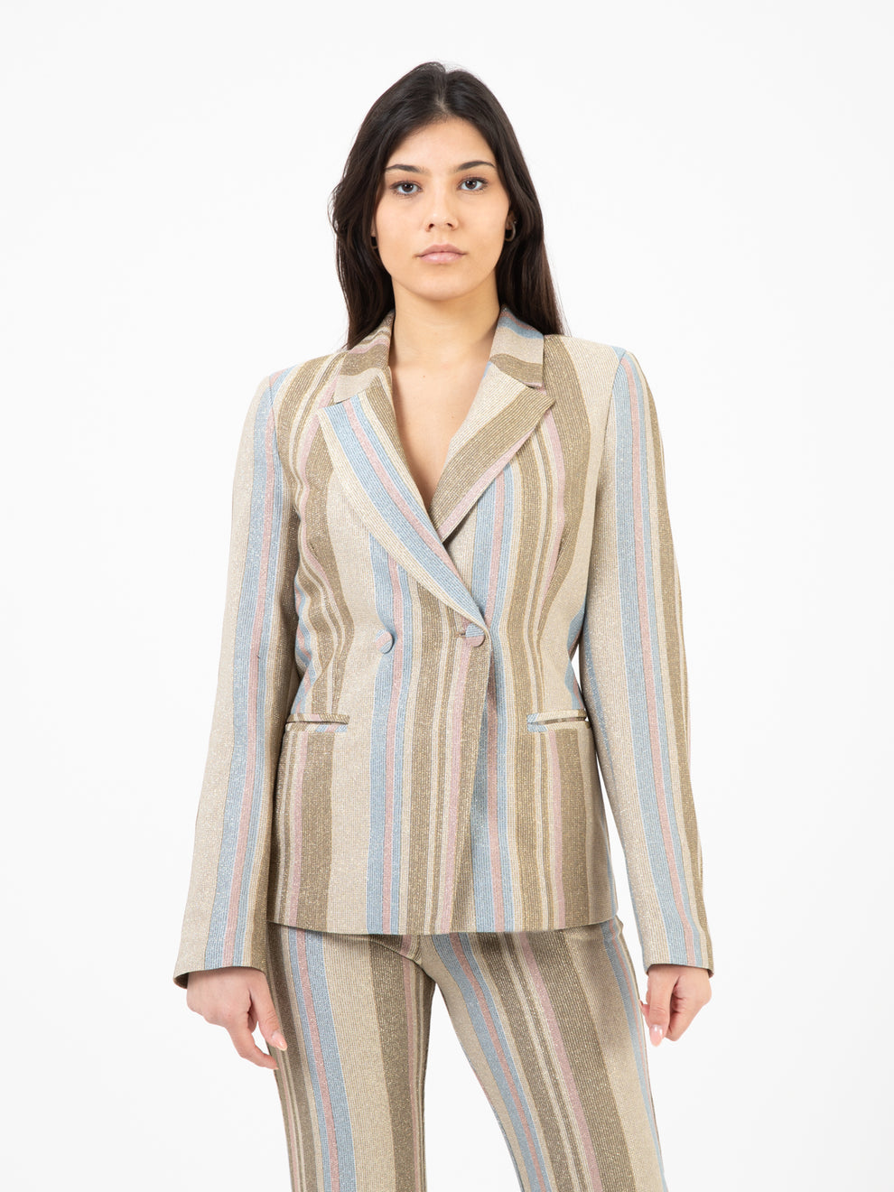 Blazer a righe glitterato beige / azzurro