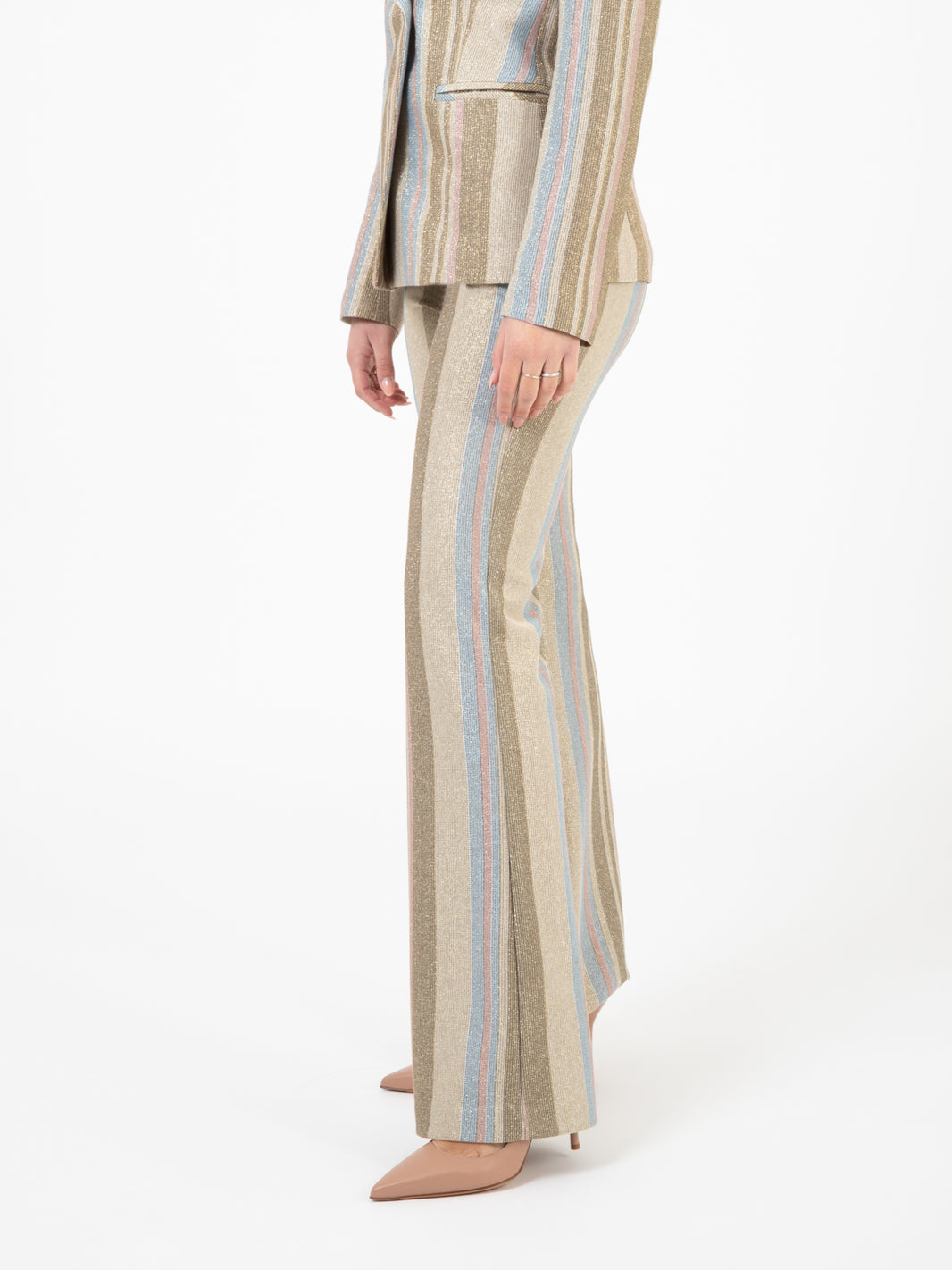 Pantalone a zampa glitterato beige / azzurro