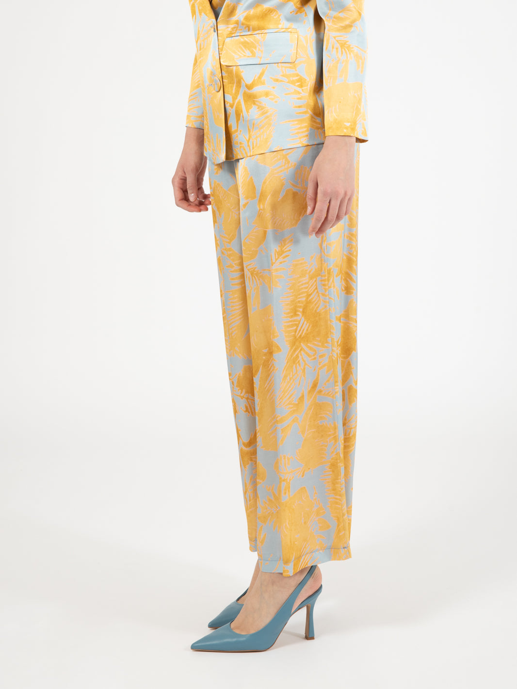 Pantaloni stampa foliage giallo / azzurro