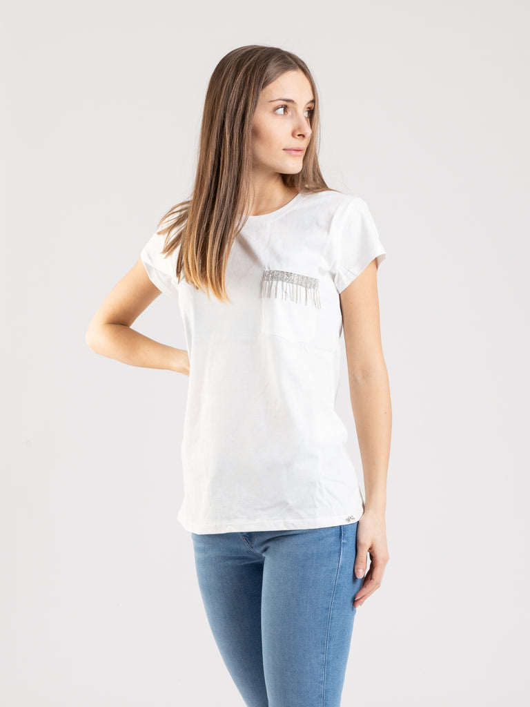 KAOS - T-shirt bianca con taschino sul cuore e strass