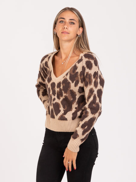 Maglione scollo a V marrone leopardato