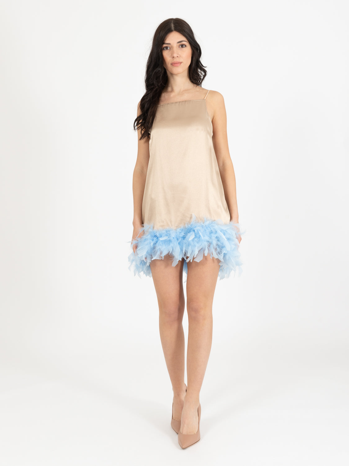 Short dress with feathers bronze / frost
