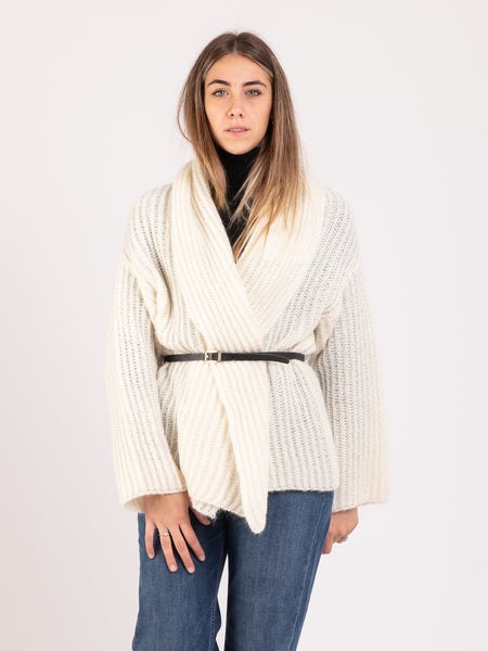 Maxi cardigan panna con cintura