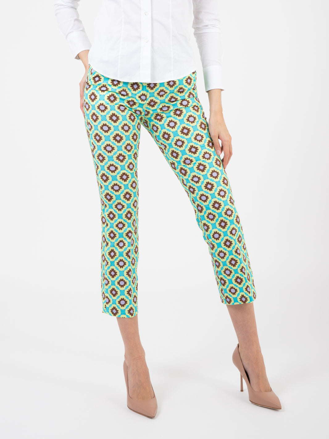 Pantaloni trombetta fantasia turchese