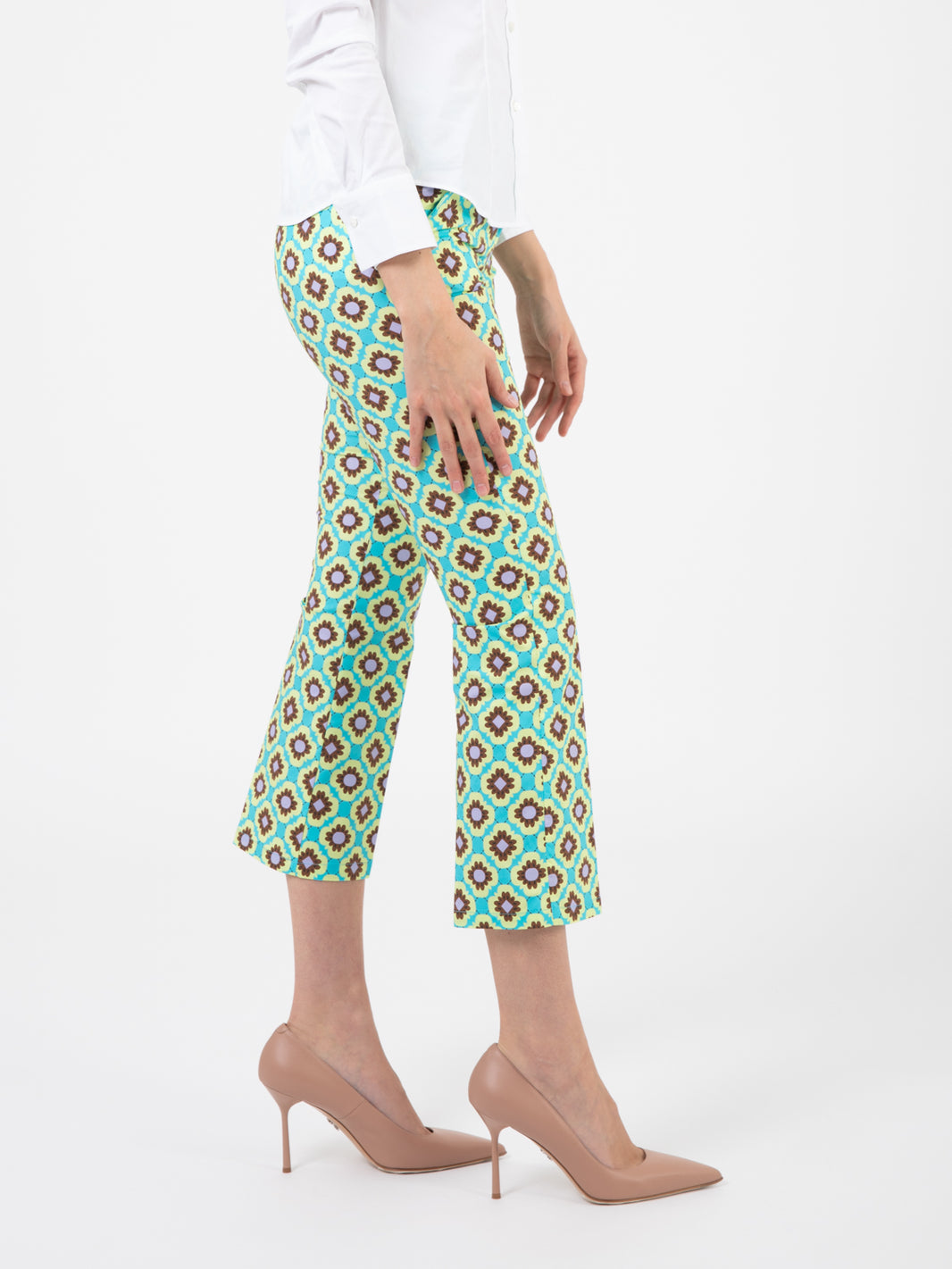 Pantaloni trombetta fantasia turchese