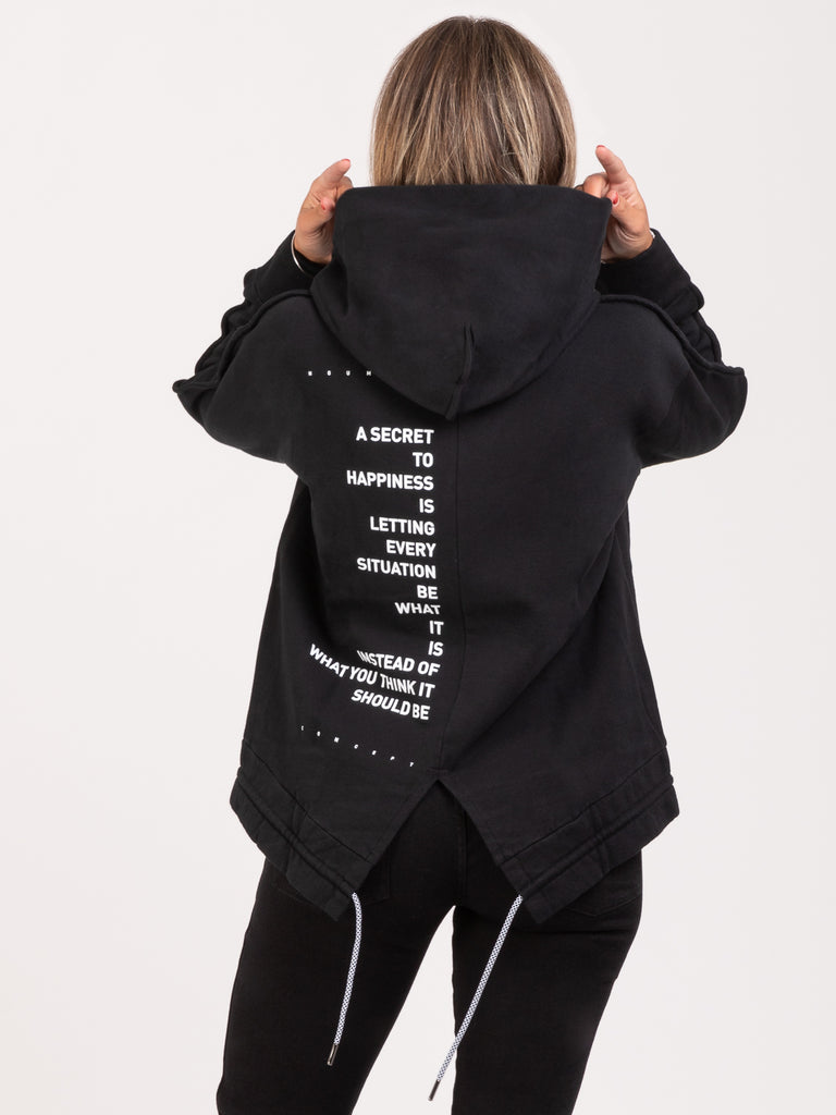 NOU-NOUMENO CONCEPT - Felpa over hoodie nera con spacco posteriore e scritte