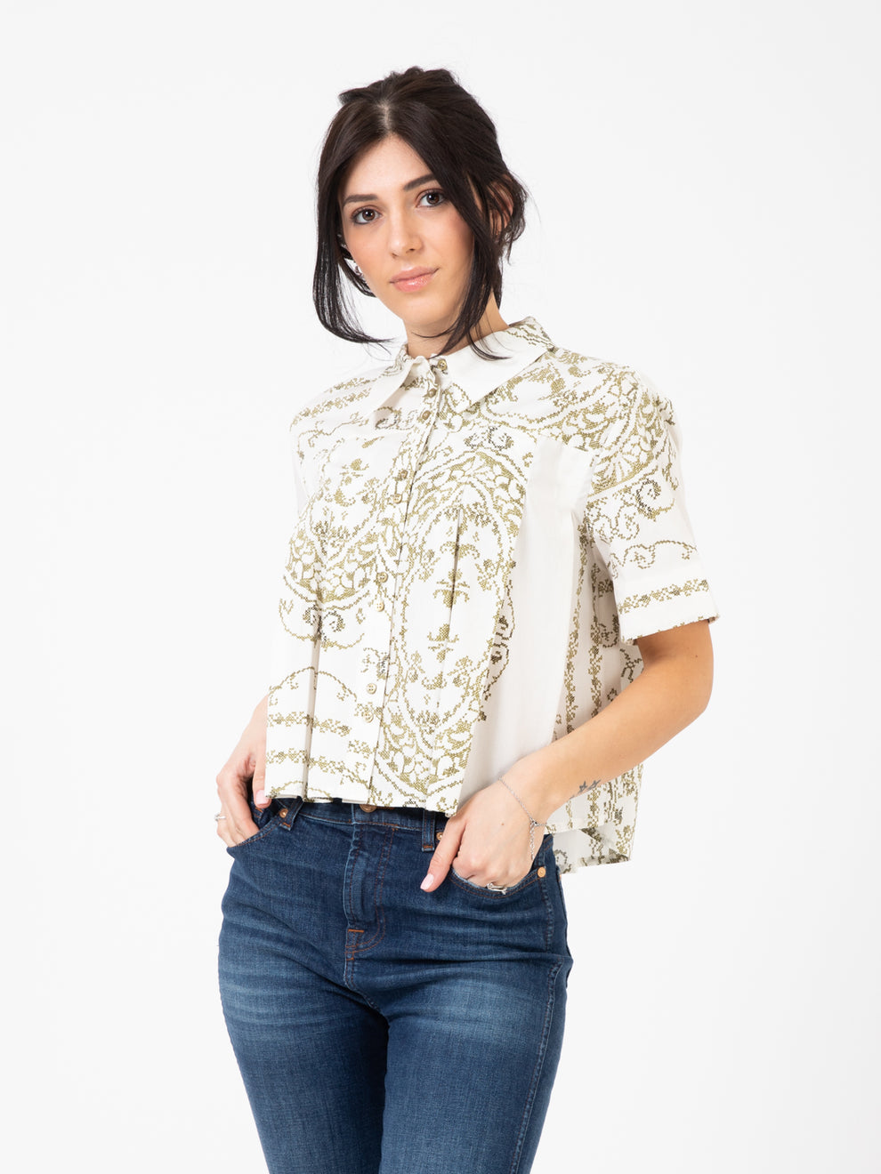Camicia manica corta fantasia panna