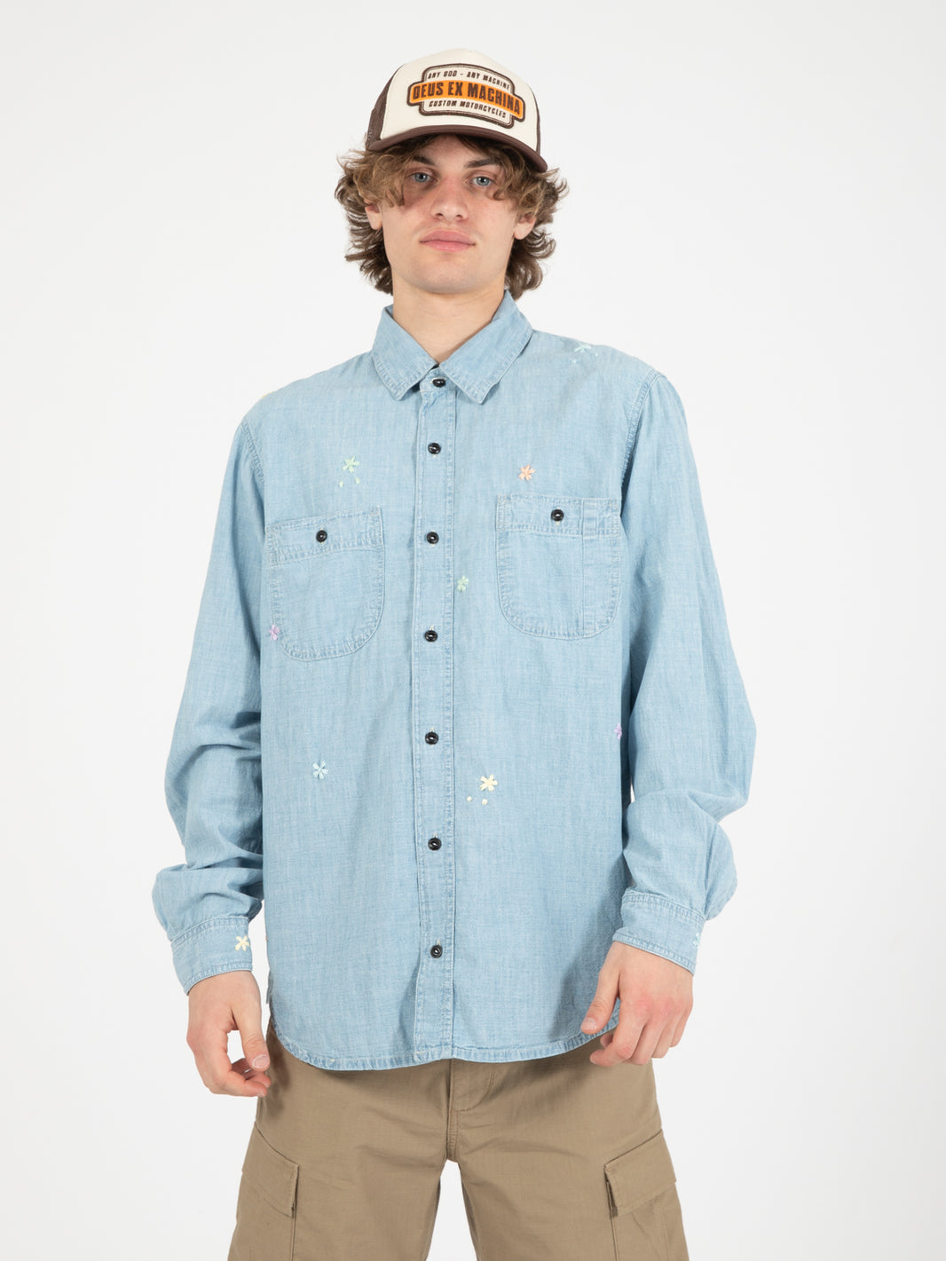 Kansas chambray hand embroidery flower old wash shirt