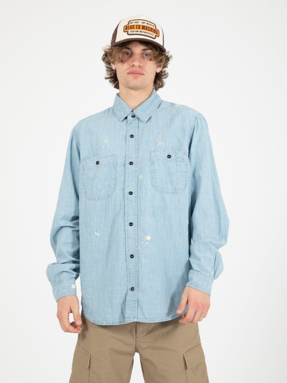 Kansas chambray hand embroidery flower old wash shirt