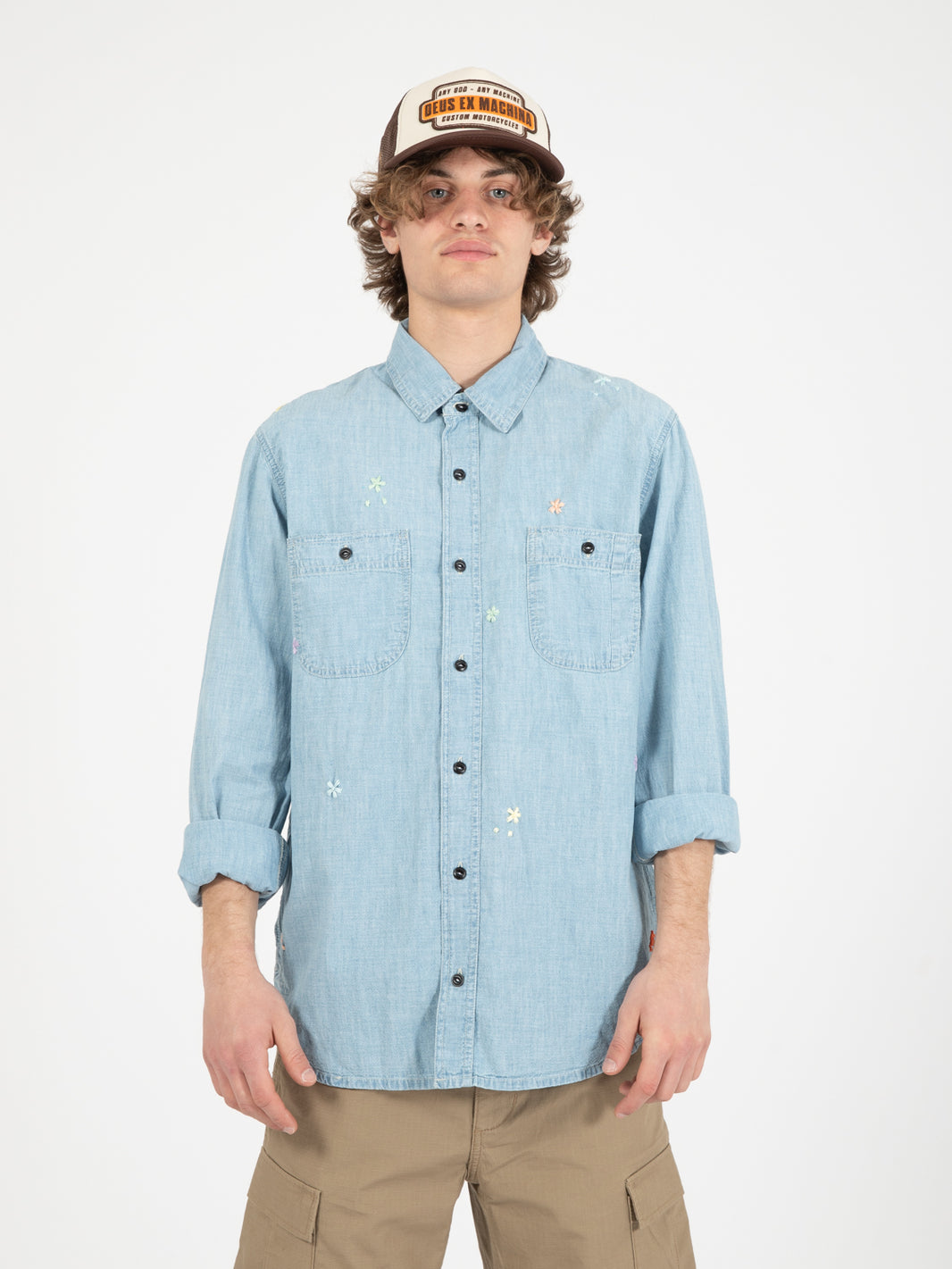 Kansas chambray hand embroidery flower old wash shirt