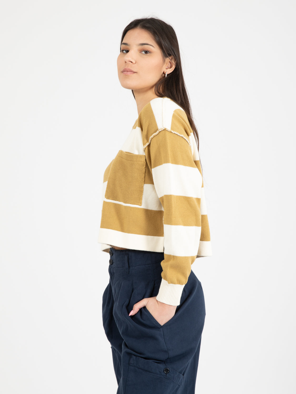 Maglia rigata bianco / senape
