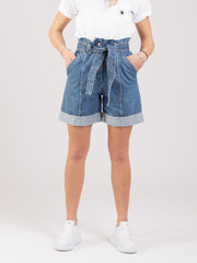 SOLOTRE - Shorts paperbag con cintura denim medio