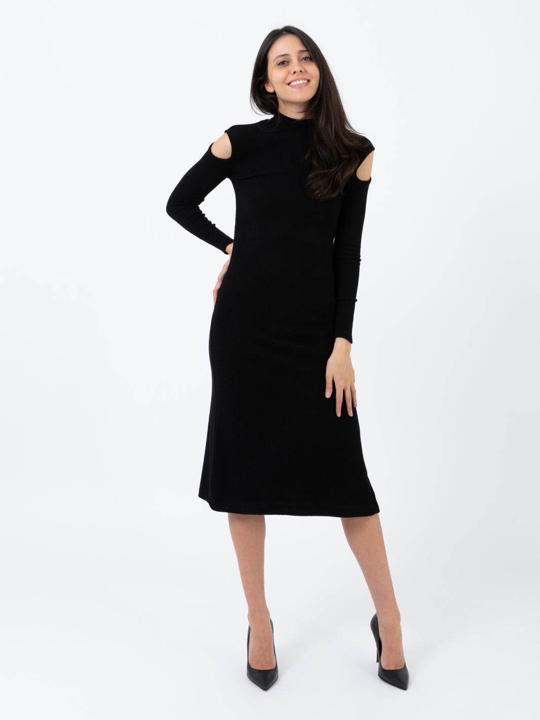 Black ribbed knit midi dress