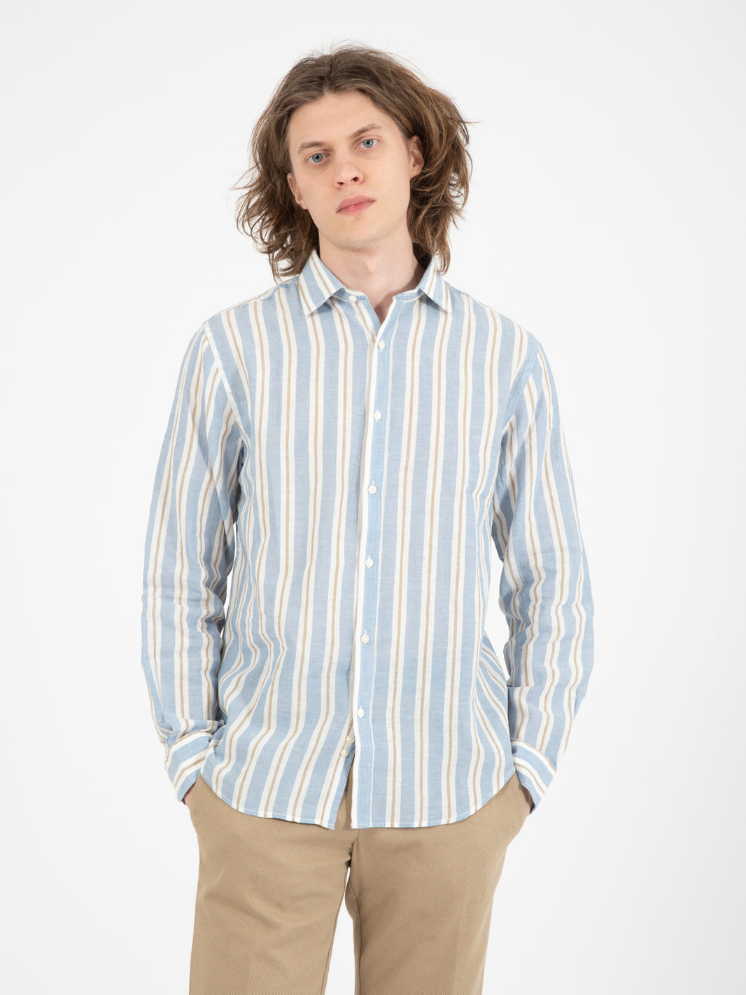Light blue / white / beige striped linen blend shirt
